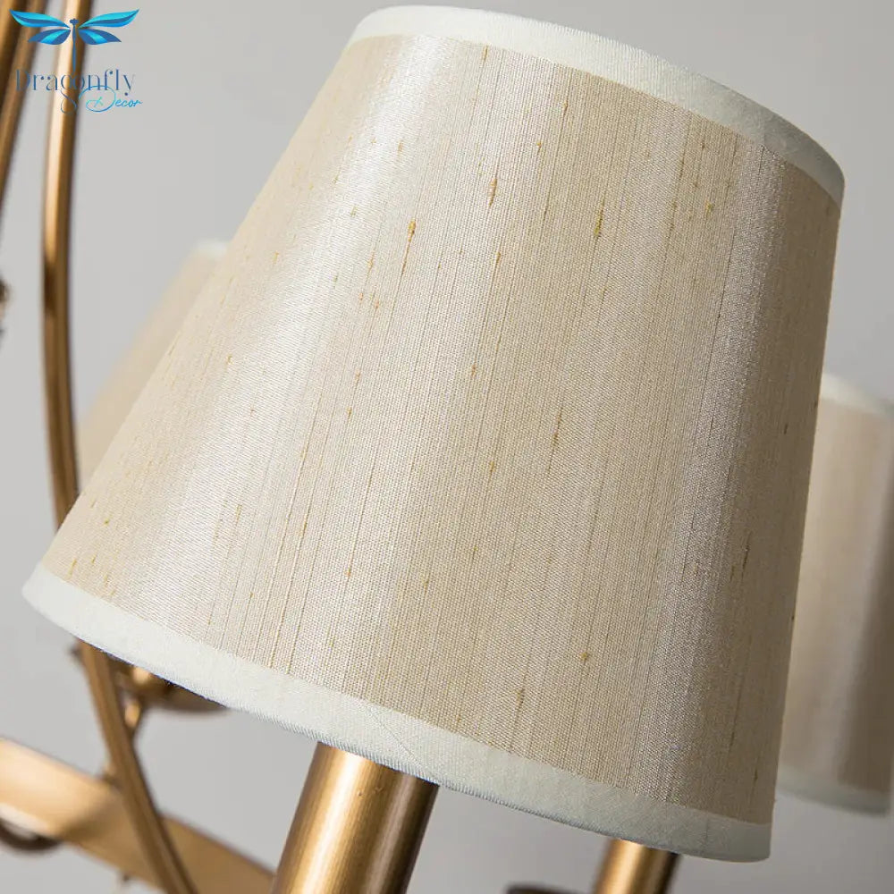 Brass Armed Hanging Chandelier Traditional 6 Heads Metal Pendant Light Fixture With Cone Fabric
