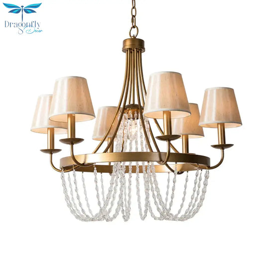 Brass Armed Hanging Chandelier Traditional 6 Heads Metal Pendant Light Fixture With Cone Fabric