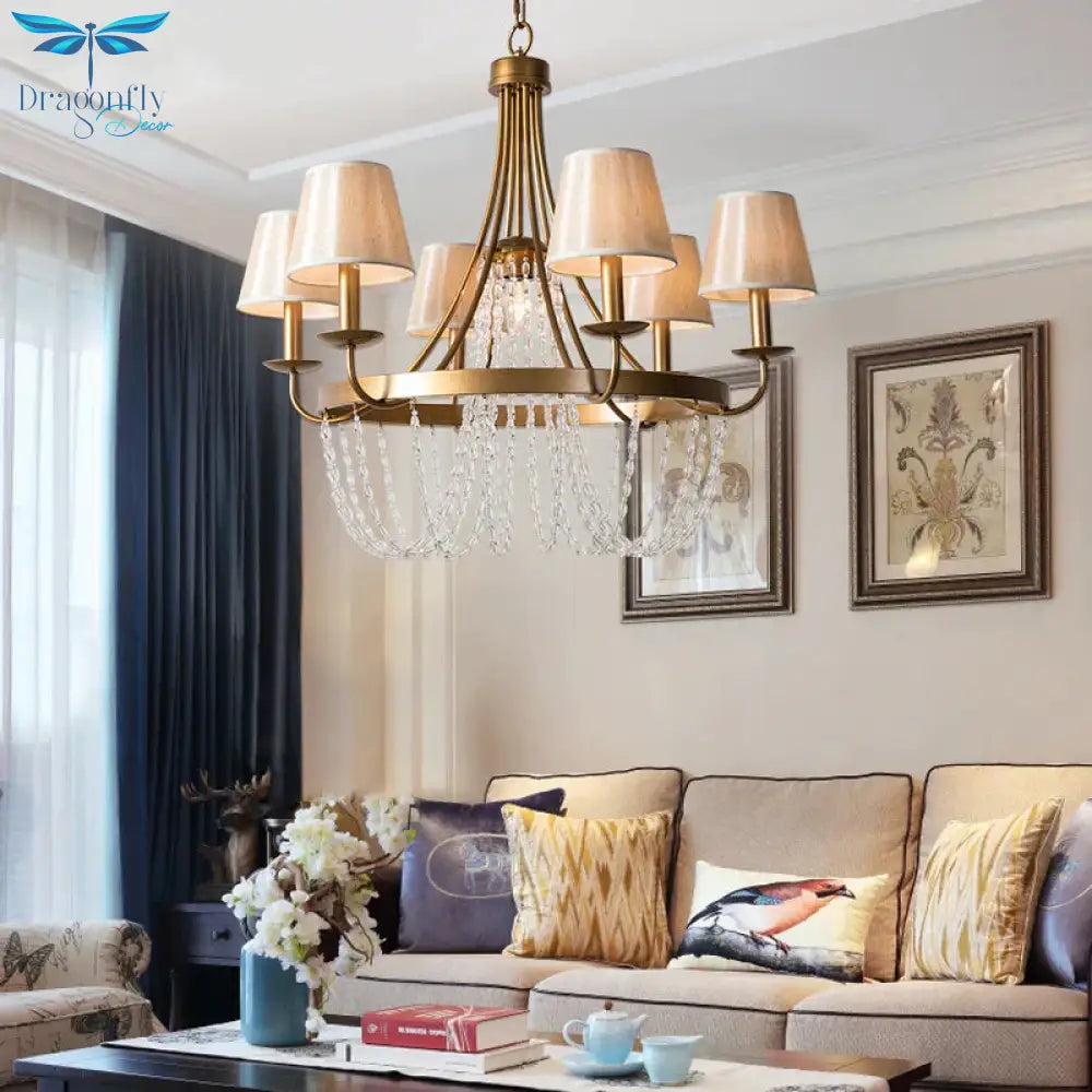 Brass Armed Hanging Chandelier Traditional 6 Heads Metal Pendant Light Fixture With Cone Fabric