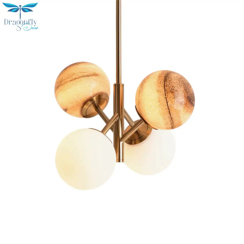 Brass Ball Hanging Lamp Kit Cartoon 4 Heads Multi Colored Glass Ceiling Pendant With Straight Arm