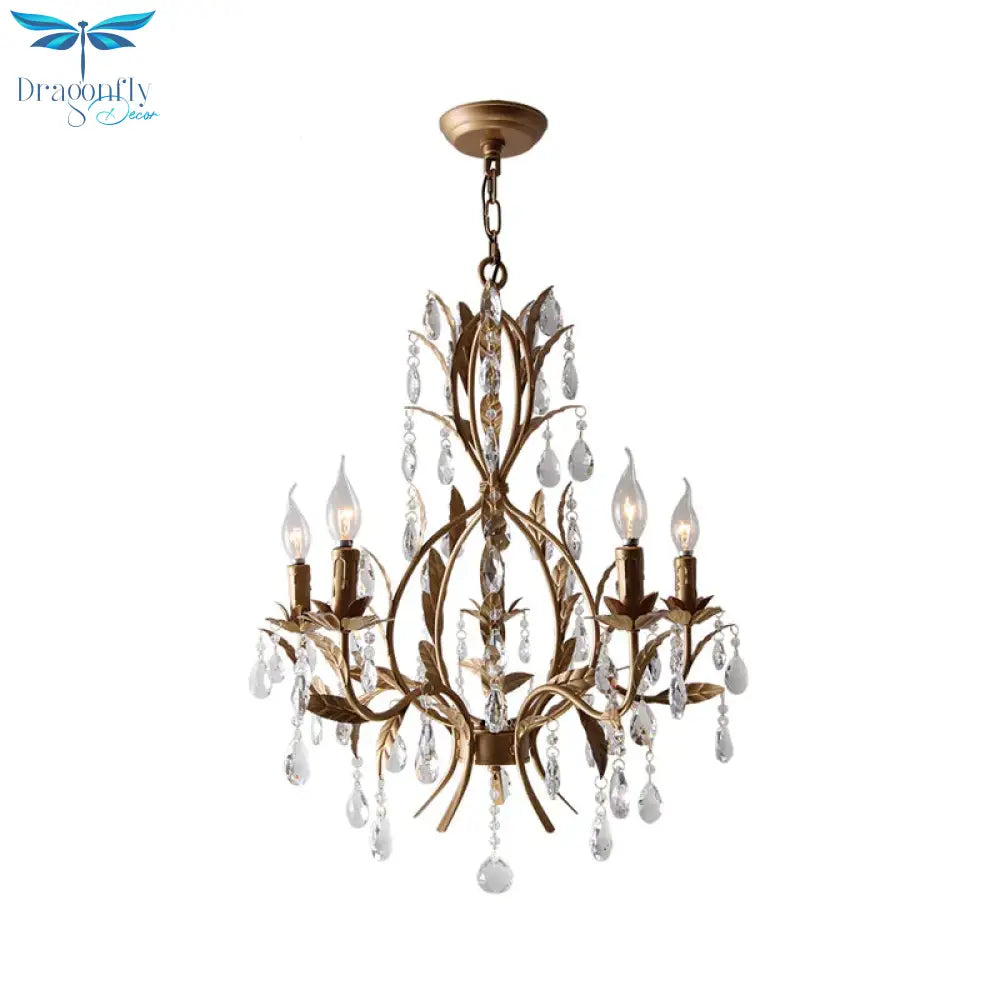 Brass Candle Chandelier Lamp Retro 5 Heads Metal Ceiling Pendant Light With Crystal Teardrop