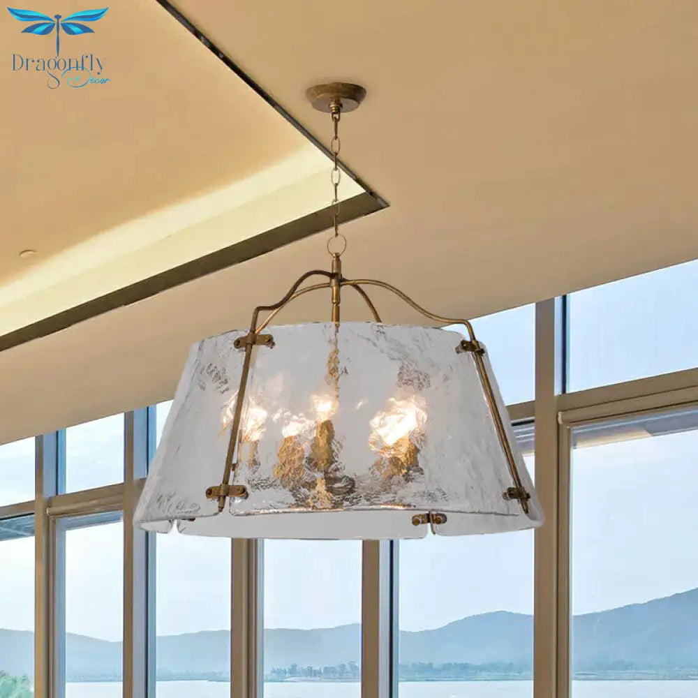 Brass Conic Chandelier Light Fixture Vintage Clear Ripple Glass 3/5 Lights Dining Room Ceiling Lamp