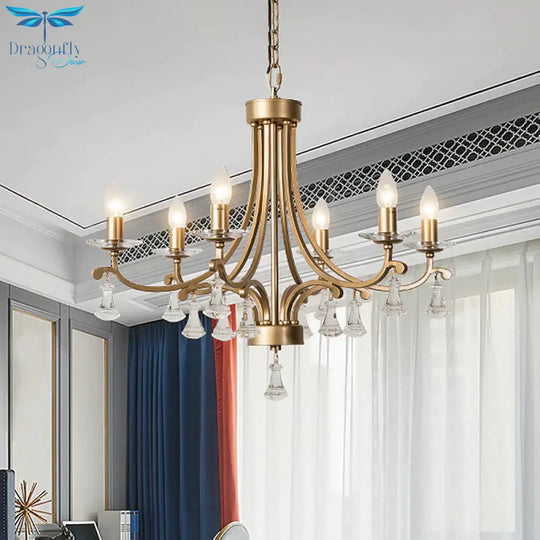 Brass Curvy Chandelier Pendant Light Rural Crystal 6/9 Lights Living Room Suspension Lighting