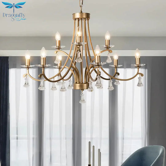 Brass Curvy Chandelier Pendant Light Rural Crystal 6/9 Lights Living Room Suspension Lighting