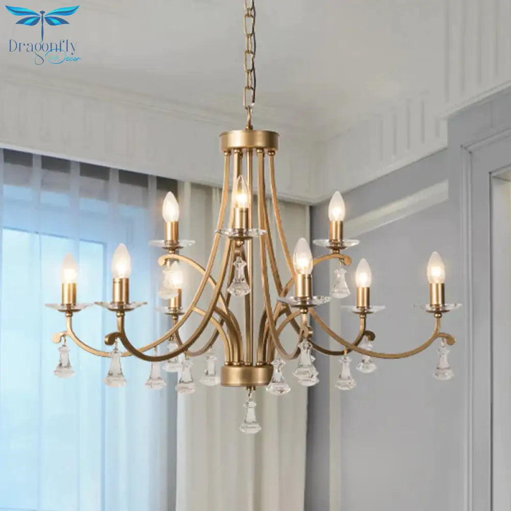 Brass Curvy Chandelier Pendant Light Rural Crystal 6/9 Lights Living Room Suspension Lighting