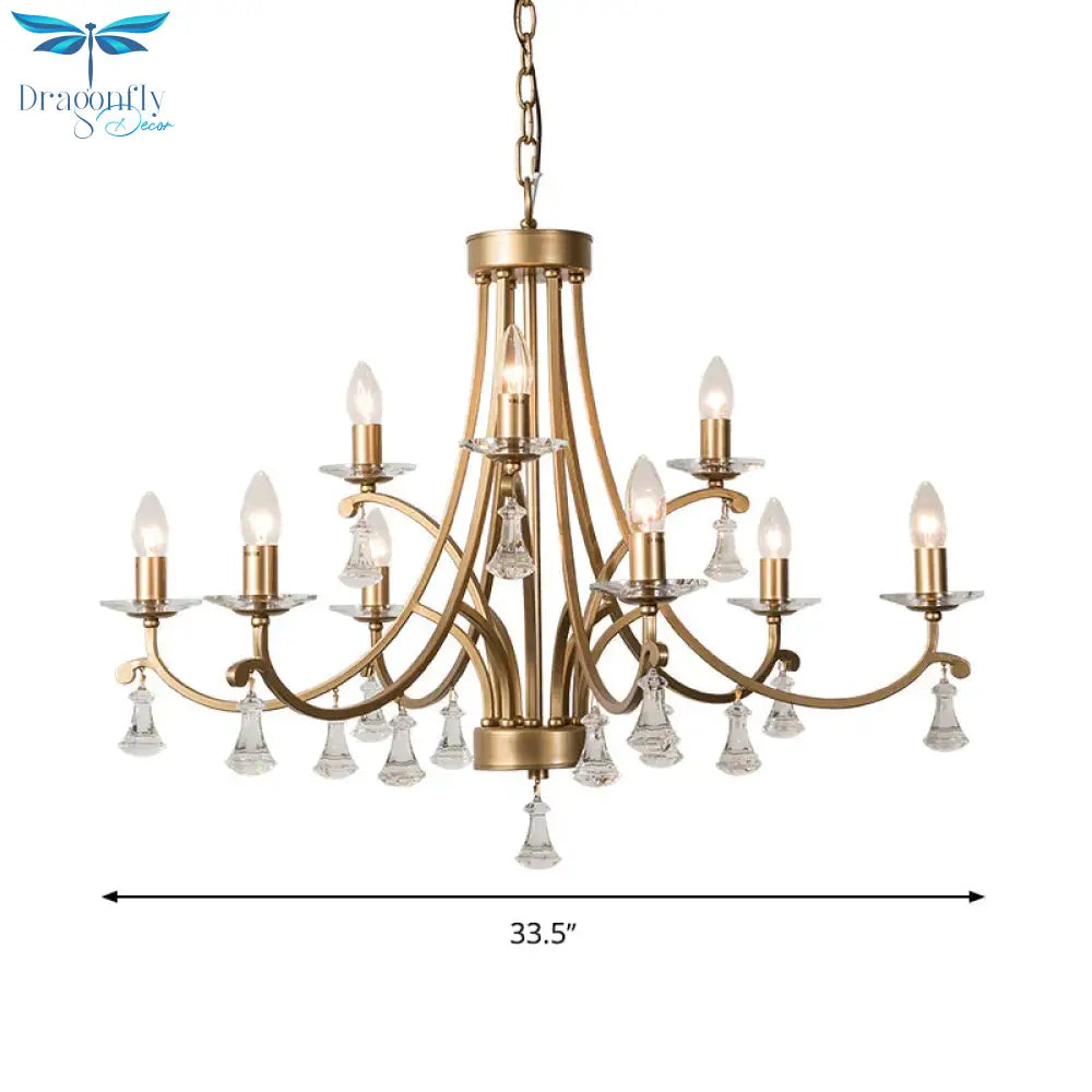 Brass Curvy Chandelier Pendant Light Rural Crystal 6/9 Lights Living Room Suspension Lighting