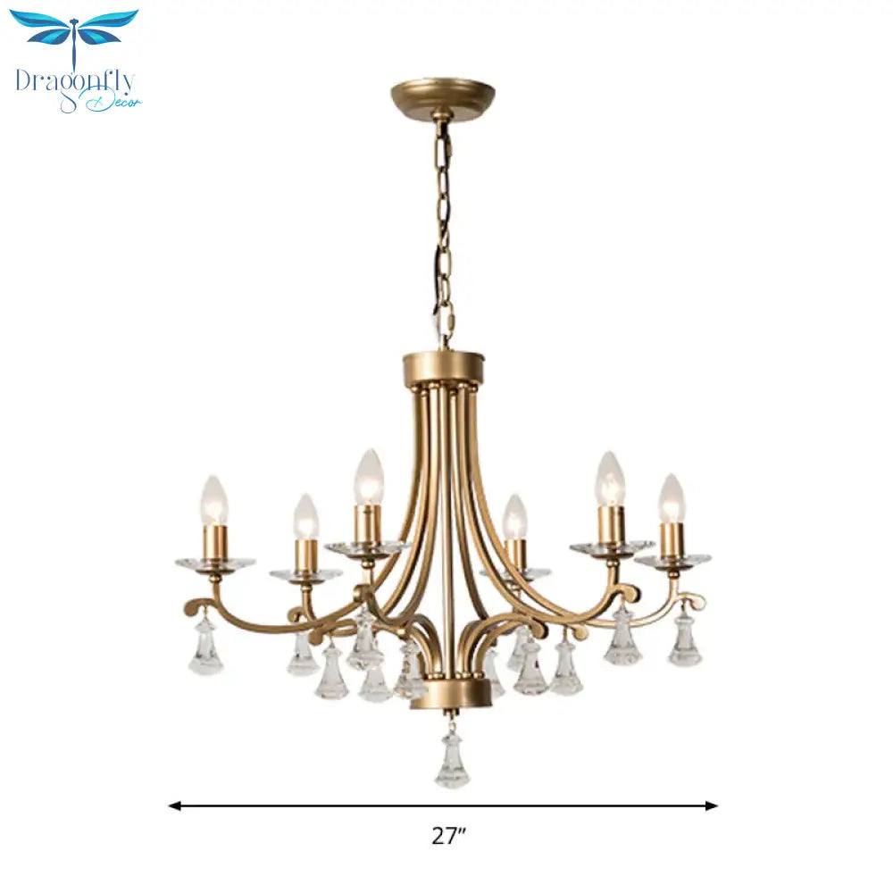 Brass Curvy Chandelier Pendant Light Rural Crystal 6/9 Lights Living Room Suspension Lighting