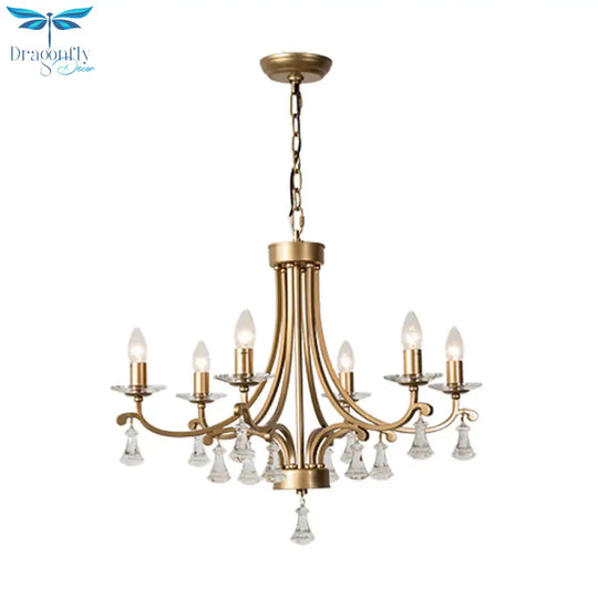 Brass Curvy Chandelier Pendant Light Rural Crystal 6/9 Lights Living Room Suspension Lighting