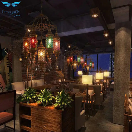 Brass Cylinder Pendant Lighting Industrial Stained Glass 7 Bulbs Restaurant Ceiling Chandelier