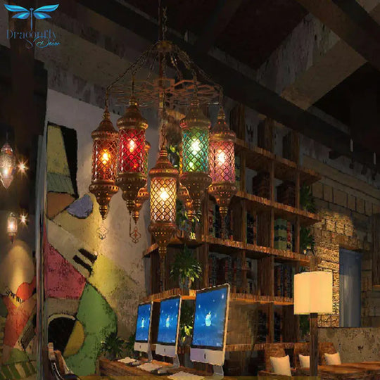 Brass Cylinder Pendant Lighting Industrial Stained Glass 7 Bulbs Restaurant Ceiling Chandelier