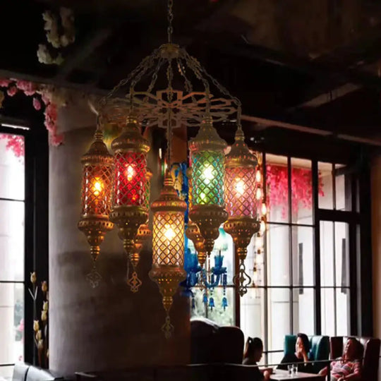 Brass Cylinder Pendant Lighting Industrial Stained Glass 7 Bulbs Restaurant Ceiling Chandelier