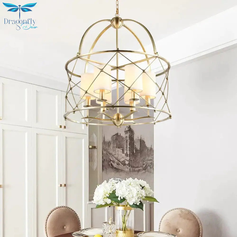 Brass Cylindrical Chandelier Lamp Nordic Metal 6 Heads Pendant Lighting Fixture With Fabric Shade