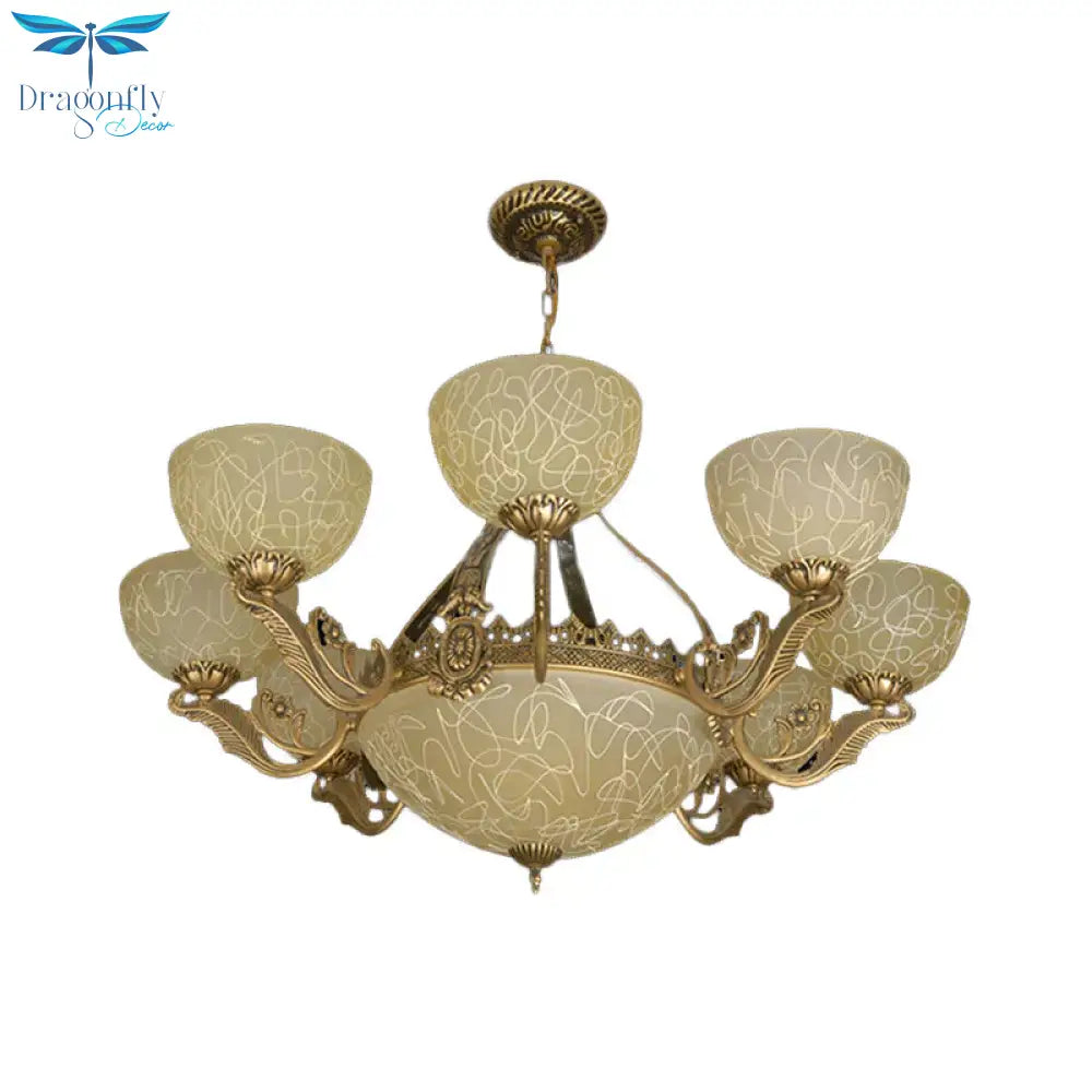 Brass Finish 11 - Head Chandelier Traditional Frosted Glass Bowl Ceiling Suspension Lamp