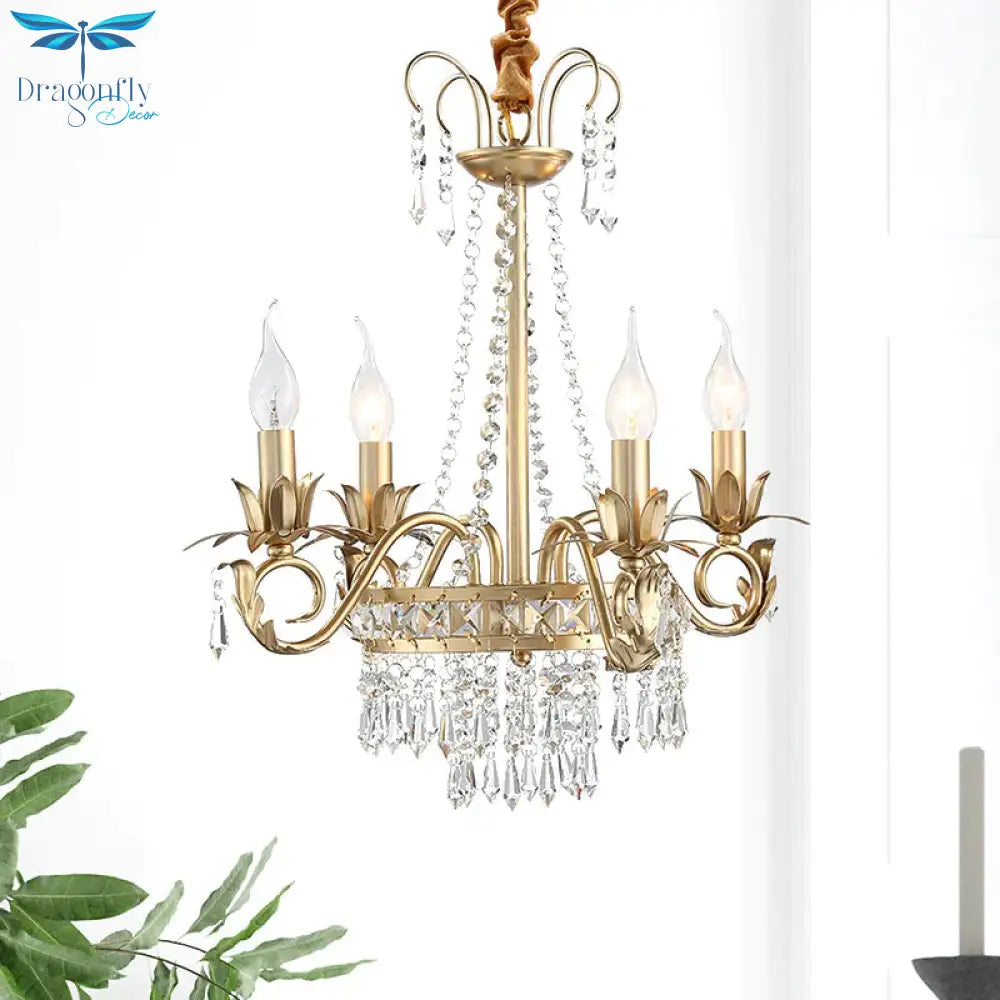 Brass Finish Curved Arm Ceiling Chandelier With Candle Accent Contemporary Crystal 4/6 Bulbs