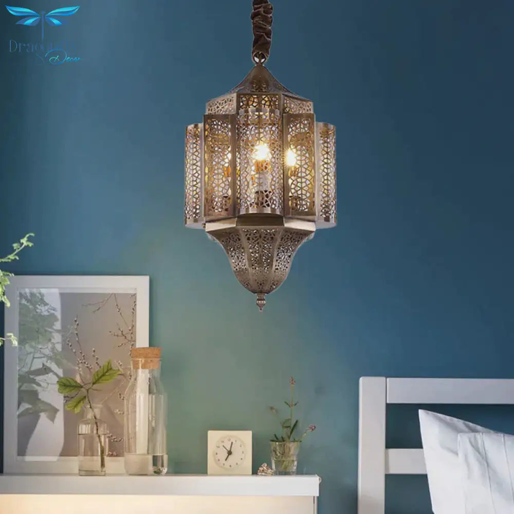 Brass Lantern Suspension Lamp Arab Metal 3 - Bulb Restaurant Chandelier Pendant Light