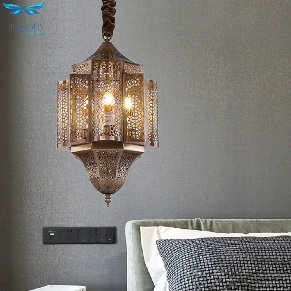 Brass Lantern Suspension Lamp Arab Metal 3 - Bulb Restaurant Chandelier Pendant Light