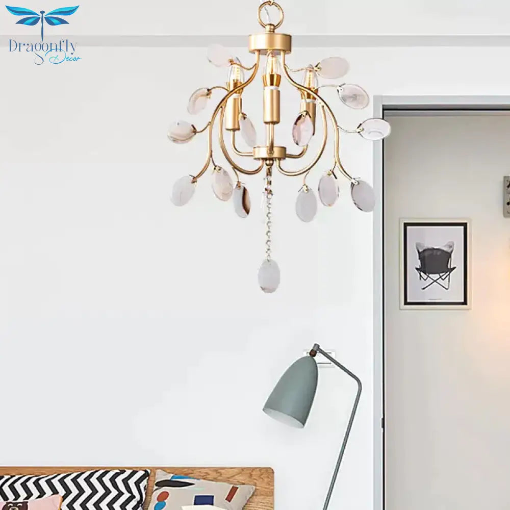 Brass Leaf Chandelier Lighting Modern Metal 3/6 Bulbs Pendant Light Fixture For Bedroom