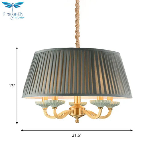Brass Pleated Drum Chandelier Lighting Rustic Fabric 5 Heads Dining Room Hanging Pendant Light