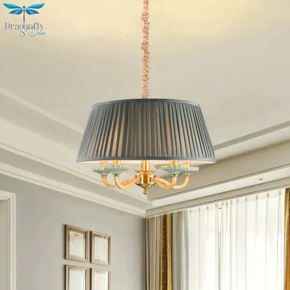 Brass Pleated Drum Chandelier Lighting Rustic Fabric 5 Heads Dining Room Hanging Pendant Light