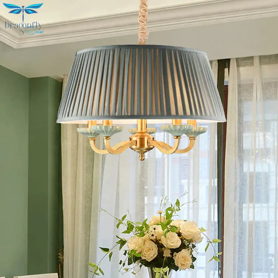 Brass Pleated Drum Chandelier Lighting Rustic Fabric 5 Heads Dining Room Hanging Pendant Light