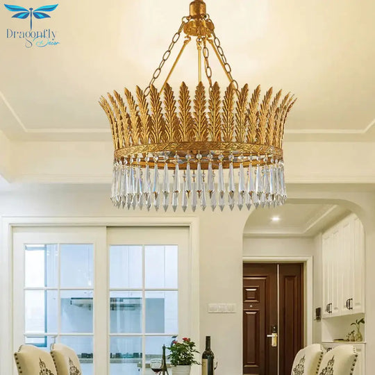 Brass Round Chandelier Lamp Traditional Metal And Crystal 4/6 Lights Living Room Hanging Light