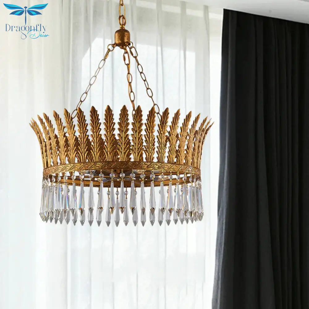 Brass Round Chandelier Lamp Traditional Metal And Crystal 4/6 Lights Living Room Hanging Light