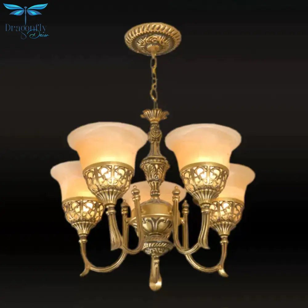 Bronze 5 - Light Up Chandelier Antiqued Style Frosted Glass Flared Ceiling Hang Lamp