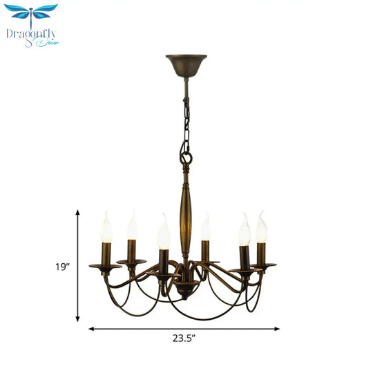 Bronze 6 Lights Pendant Chandelier Classic Metal Scrolled Arm Hanging Light For Living Room
