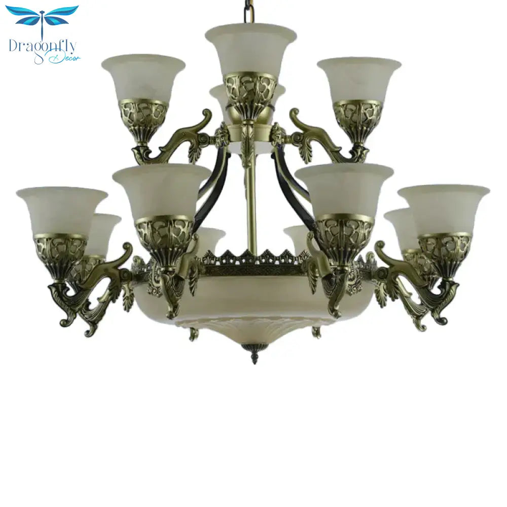 Bronze Bell Up Chandelier Light Traditional Opaline Glass 15 Bulbs Dining Room Pendant