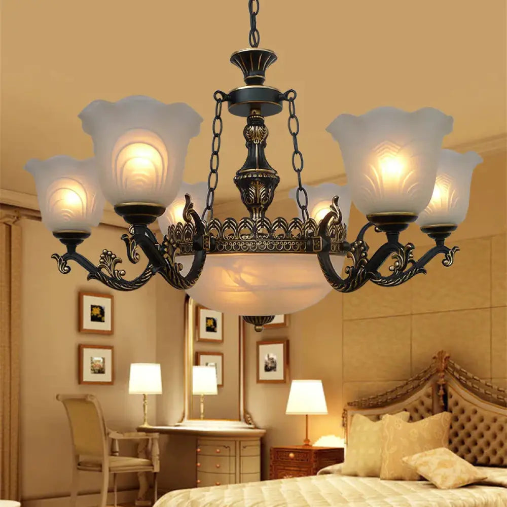Bronze Flared Pendant Lighting Traditional Frosted Textured Glass 9/11 Light Living Room Chandelier