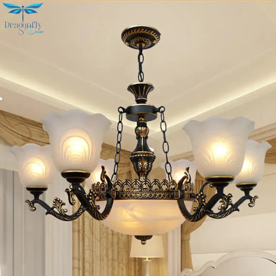 Bronze Flared Pendant Lighting Traditional Frosted Textured Glass 9/11 Light Living Room Chandelier