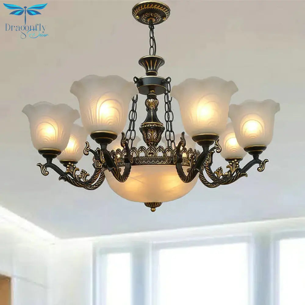 Bronze Flared Pendant Lighting Traditional Frosted Textured Glass 9/11 Light Living Room Chandelier