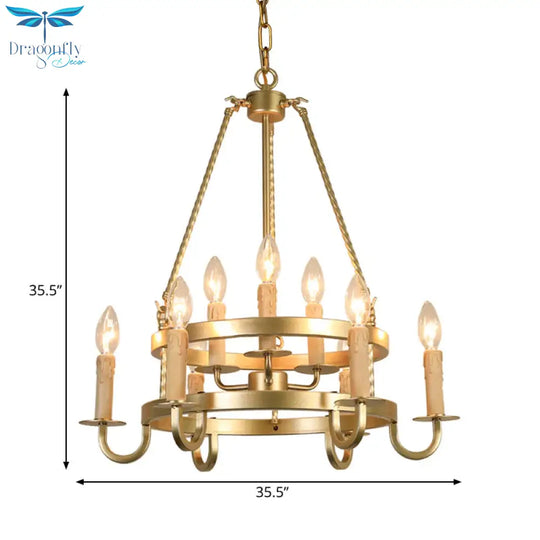 Bronze/Gold Candle Style Hanging Lamp Vintage Metal 9 Lights Living Room Chandelier Lighting