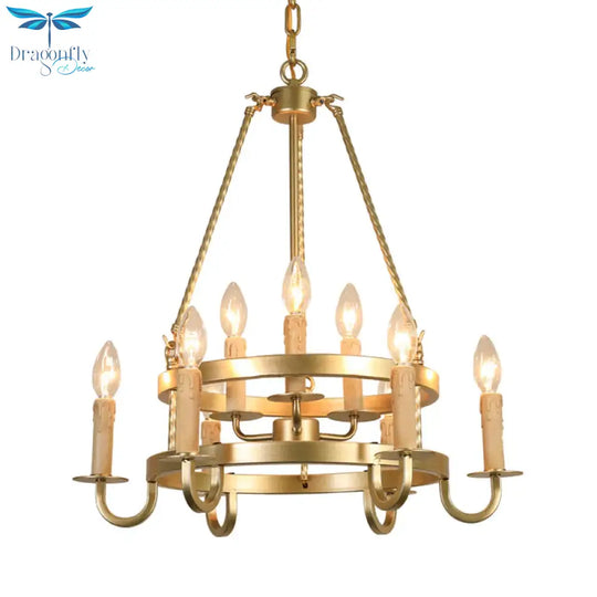 Bronze/Gold Candle Style Hanging Lamp Vintage Metal 9 Lights Living Room Chandelier Lighting