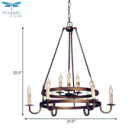 Bronze/Gold Candle Style Hanging Lamp Vintage Metal 9 Lights Living Room Chandelier Lighting
