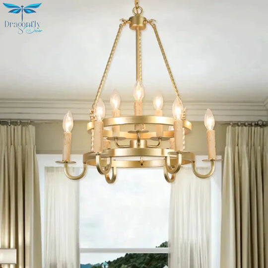 Bronze/Gold Candle Style Hanging Lamp Vintage Metal 9 Lights Living Room Chandelier Lighting