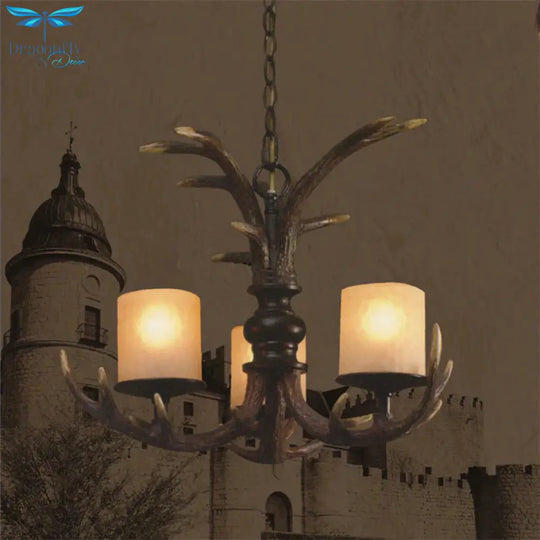 Brown 3/5 Bulbs Ceiling Chandelier Rustic White Frosted Glass Cylindrical Hanging Pendant Light