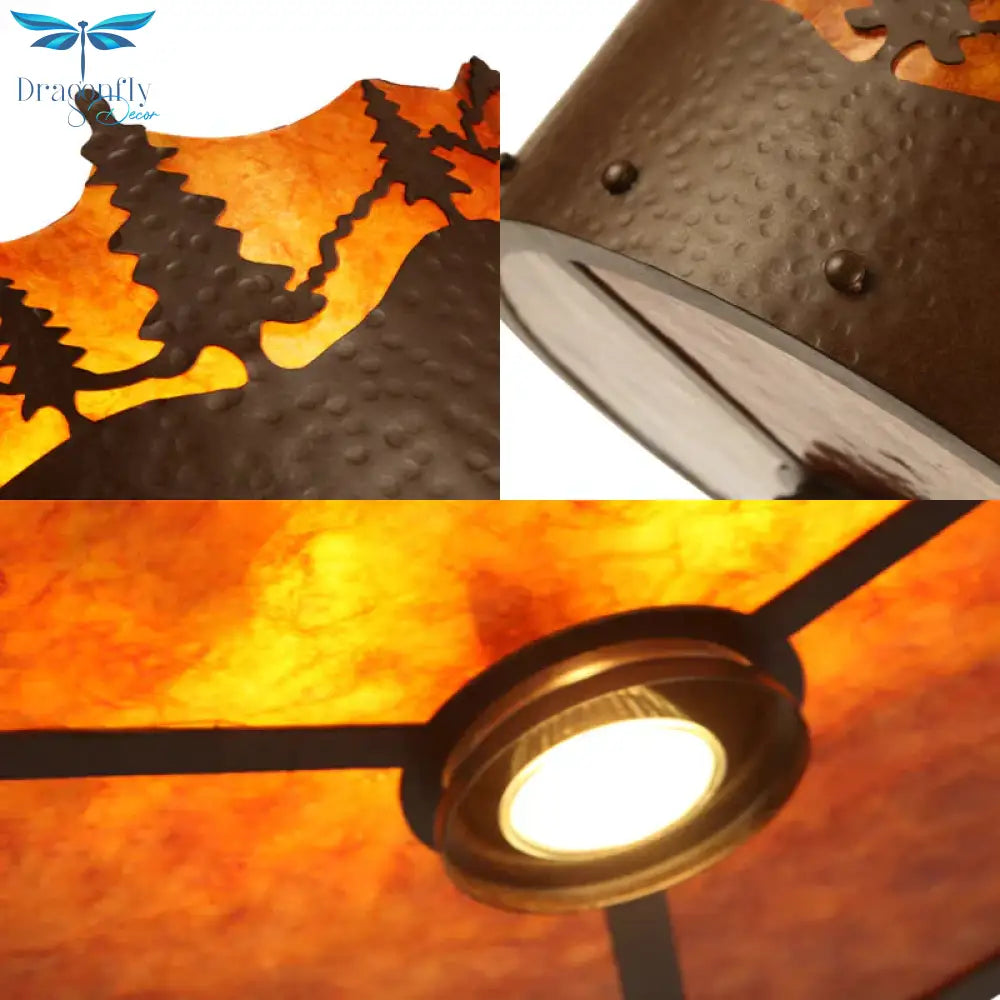 Brown 3 Lights Chandelier Light Fixture Rustic Metal Drum Pendant Lamp With Trees Pattern