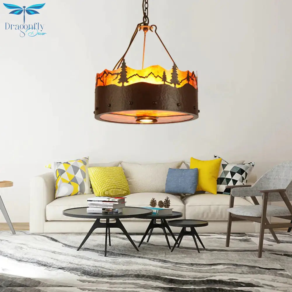 Brown 3 Lights Chandelier Light Fixture Rustic Metal Drum Pendant Lamp With Trees Pattern