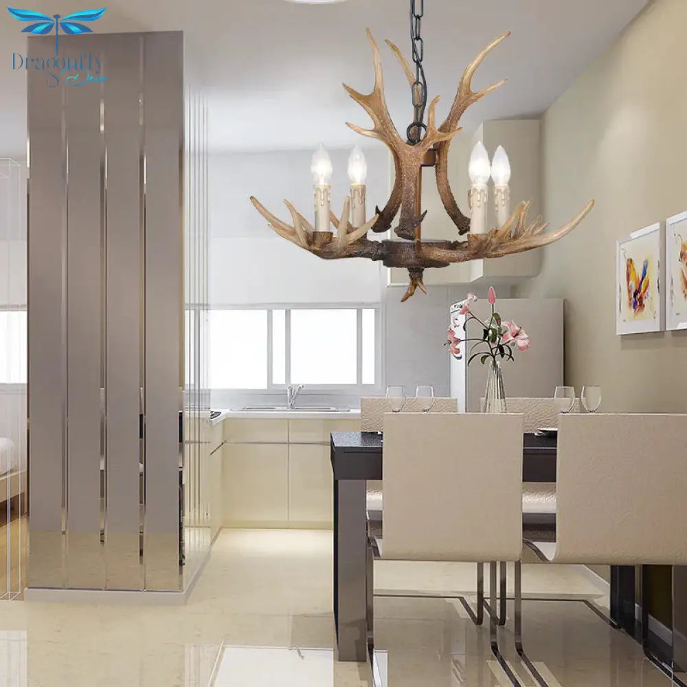 Brown 4/6/8 Heads Chandelier Lighting Rustic Resin Candle Suspension Lamp With Antler For Dining