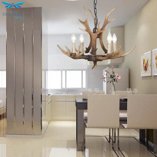 Brown 4/6/8 Heads Chandelier Lighting Rustic Resin Candle Suspension Lamp With Antler For Dining