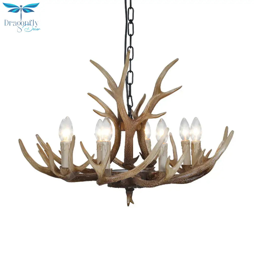 Brown 4/6/8 Heads Chandelier Lighting Rustic Resin Candle Suspension Lamp With Antler For Dining