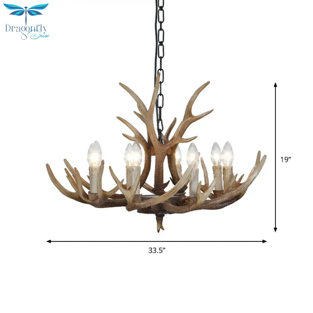 Brown 4/6/8 Heads Chandelier Lighting Rustic Resin Candle Suspension Lamp With Antler For Dining