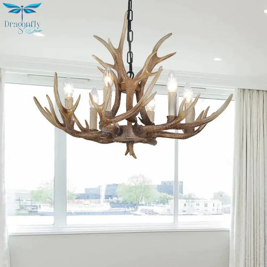 Brown 4/6/8 Heads Chandelier Lighting Rustic Resin Candle Suspension Lamp With Antler For Dining