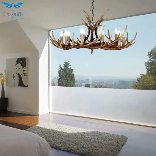 Brown 4/6/8 Heads Chandelier Lighting Rustic Resin Candle Suspension Lamp With Antler For Dining