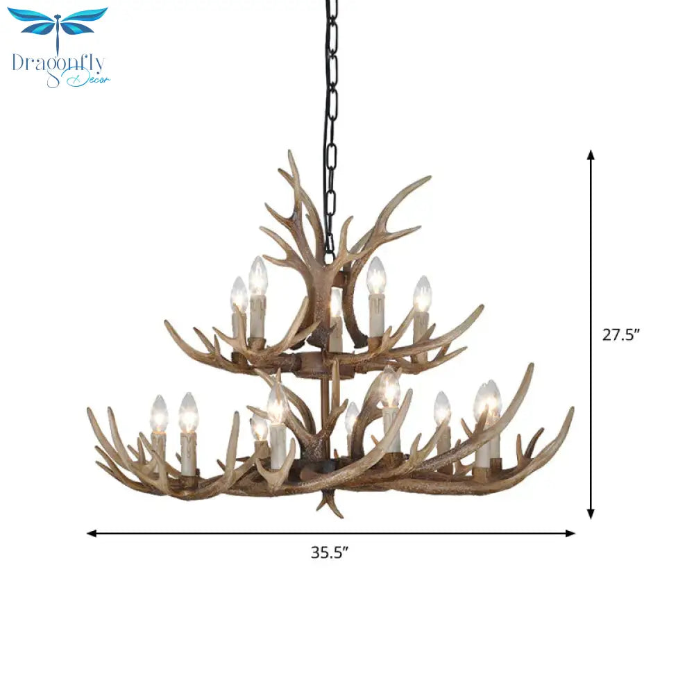 Brown 4/6/8 Heads Chandelier Lighting Rustic Resin Candle Suspension Lamp With Antler For Dining