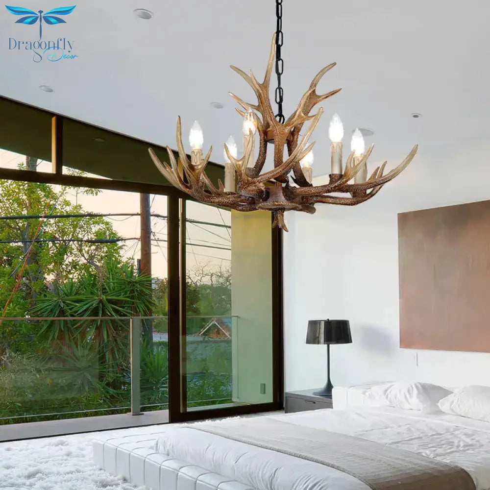 Brown 4/6/8 Heads Chandelier Lighting Rustic Resin Candle Suspension Lamp With Antler For Dining