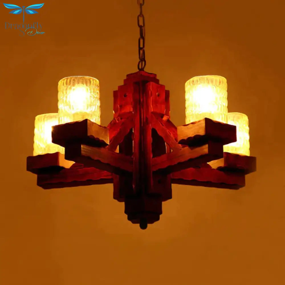 Brown 5 Heads Ceiling Chandelier Rural Yellow Dimple Glass Cylinder Hanging Pendant Light With Wood