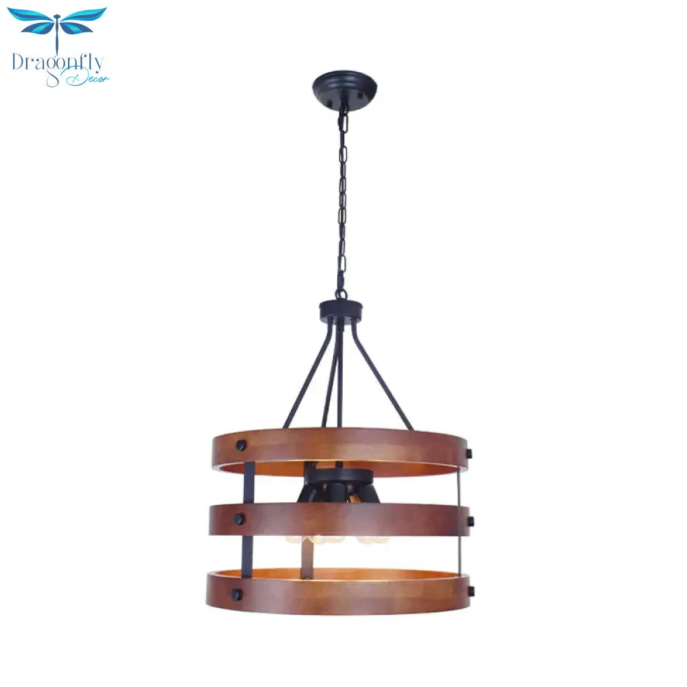 Brown 5 Heads Chandelier Lighting Rustic Wooden Round Suspension Lamp For Dining Room