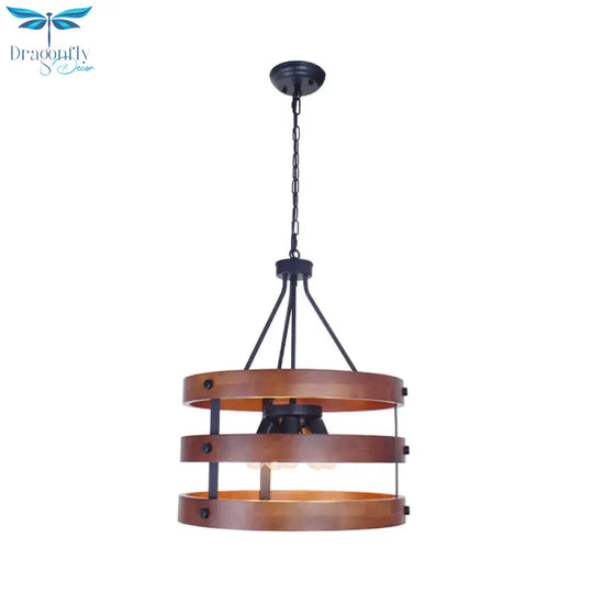 Brown 5 Heads Chandelier Lighting Rustic Wooden Round Suspension Lamp For Dining Room